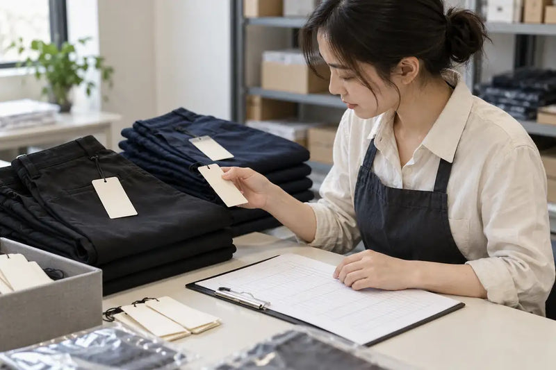 AI-generated illustration of an apparel packing worker comparing blank hangtags and a checklist beside folded black and navy pants.