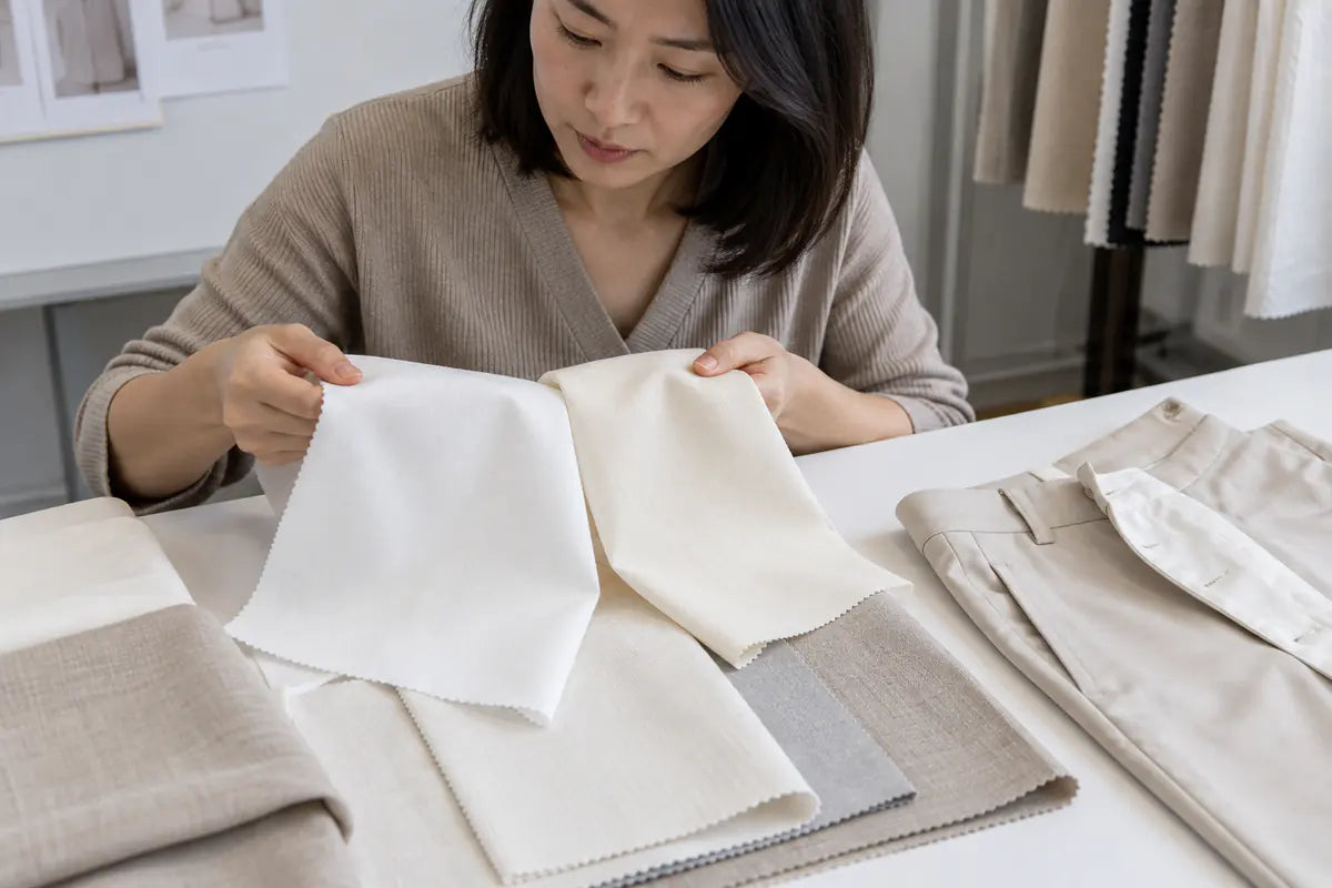 AI-generated illustration of an apparel professional comparing white and ivory fabrics and lining swatches beside light-colored trousers.