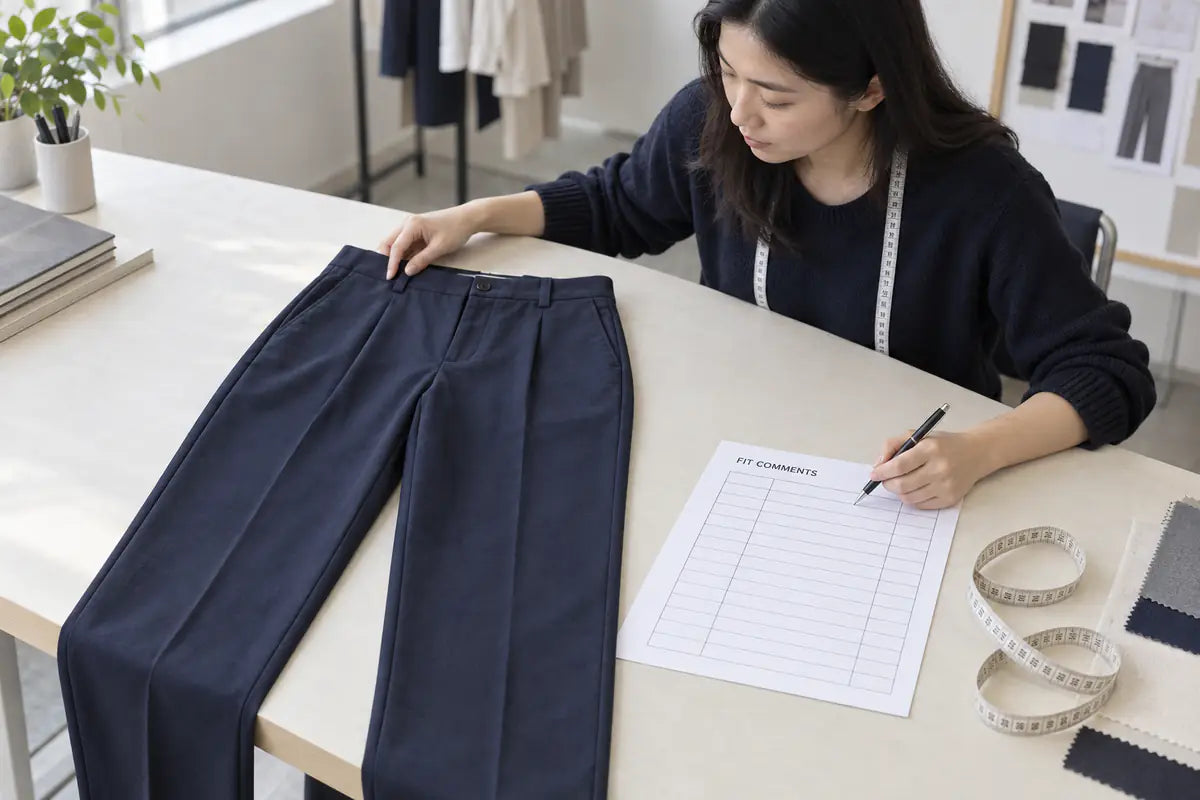 AI-generated illustration of a technical designer reviewing a pants sample beside a tape measure and a fit-comment sheet.
