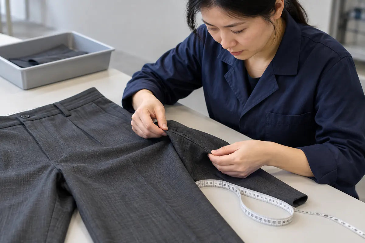 AI-generated illustration of an apparel professional inspecting a trouser seam at a table with a measuring tape.