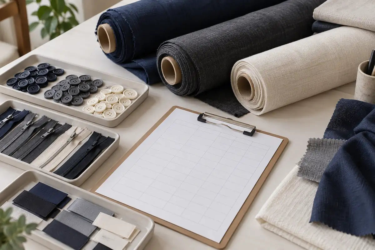 AI-generated illustration of fabric rolls and sorted garment trims beside a blank inventory sheet on a worktable.
