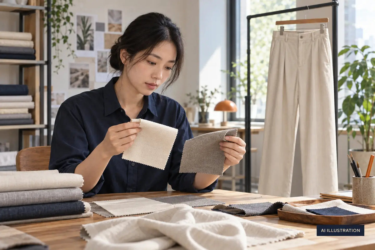 Apparel developer comparing fabric swatches beside a hanging pants sample