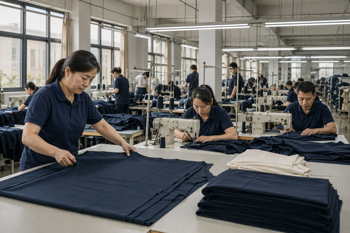 AI illustration of a garment production floor showing fabric handling and sewing