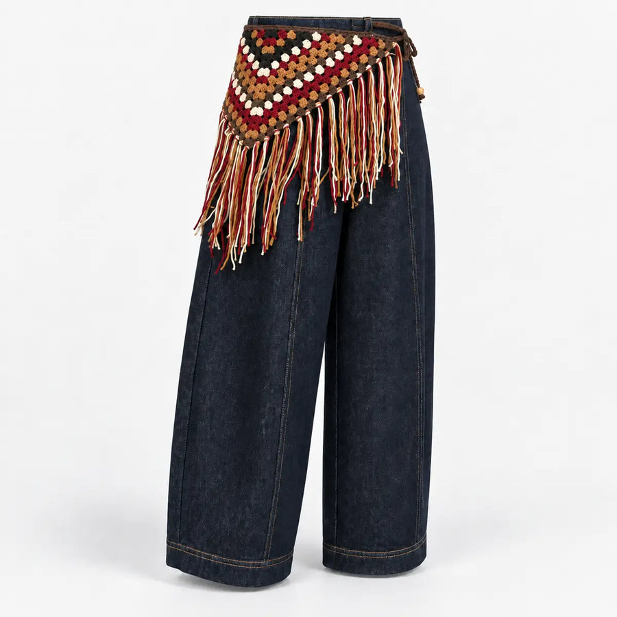 Indigo Denim Pants with Crochet Fringe Waist Detail