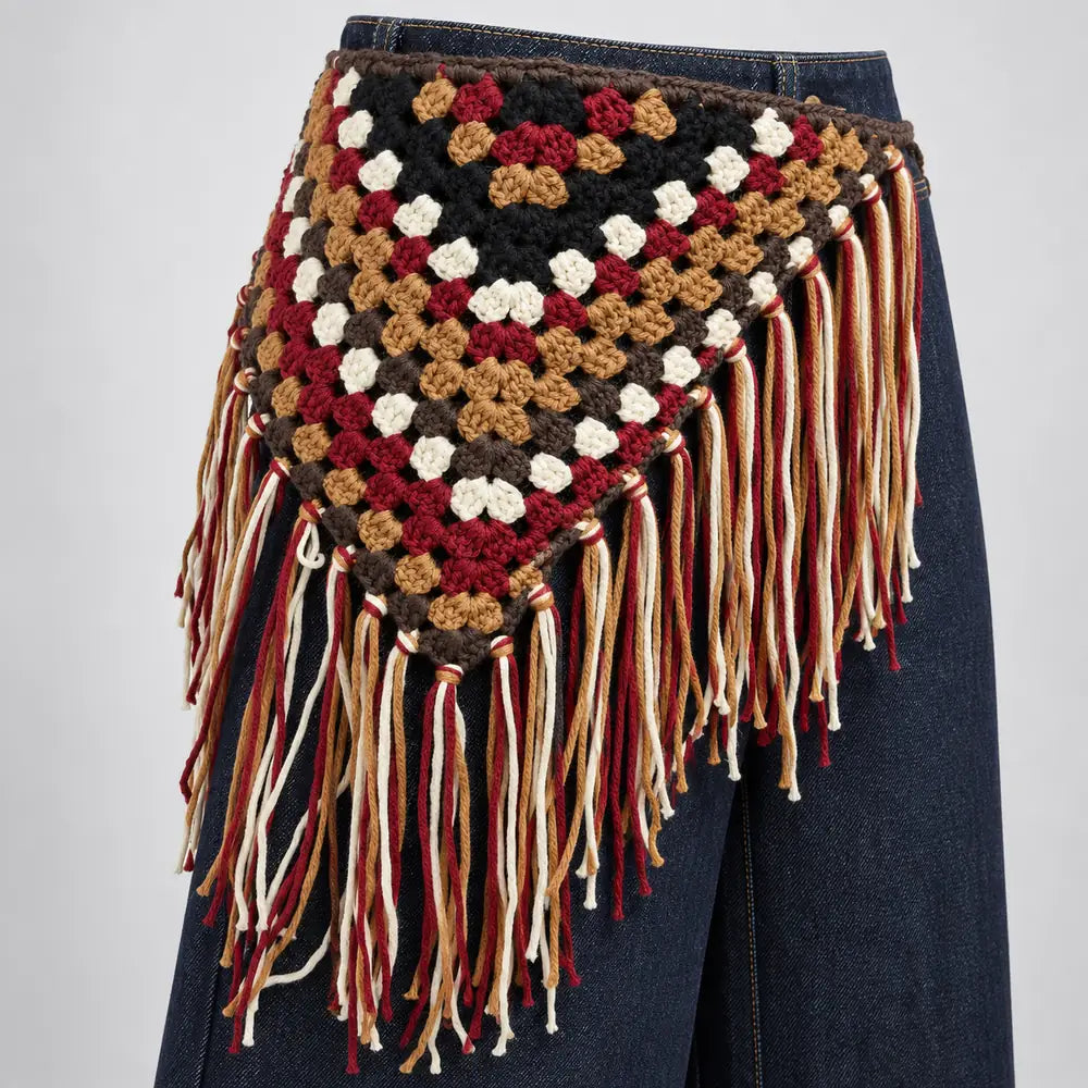 Indigo Denim Pants with Crochet Fringe Waist Detail — 2