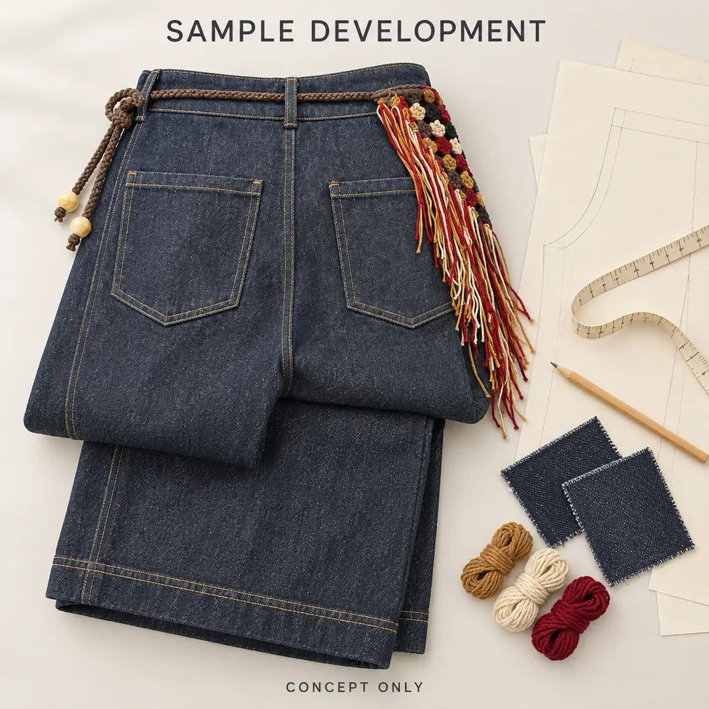 Indigo Denim Pants with Crochet Fringe Waist Detail — 6