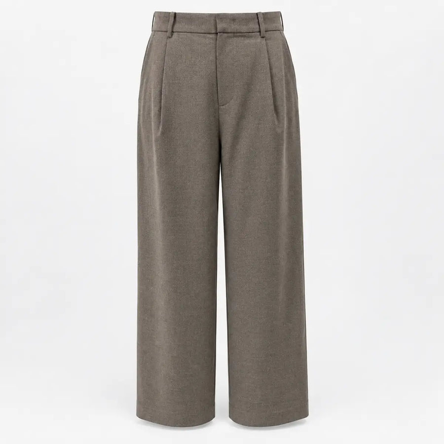 Taupe Single-Pleat Wide-Leg Tailored Trousers