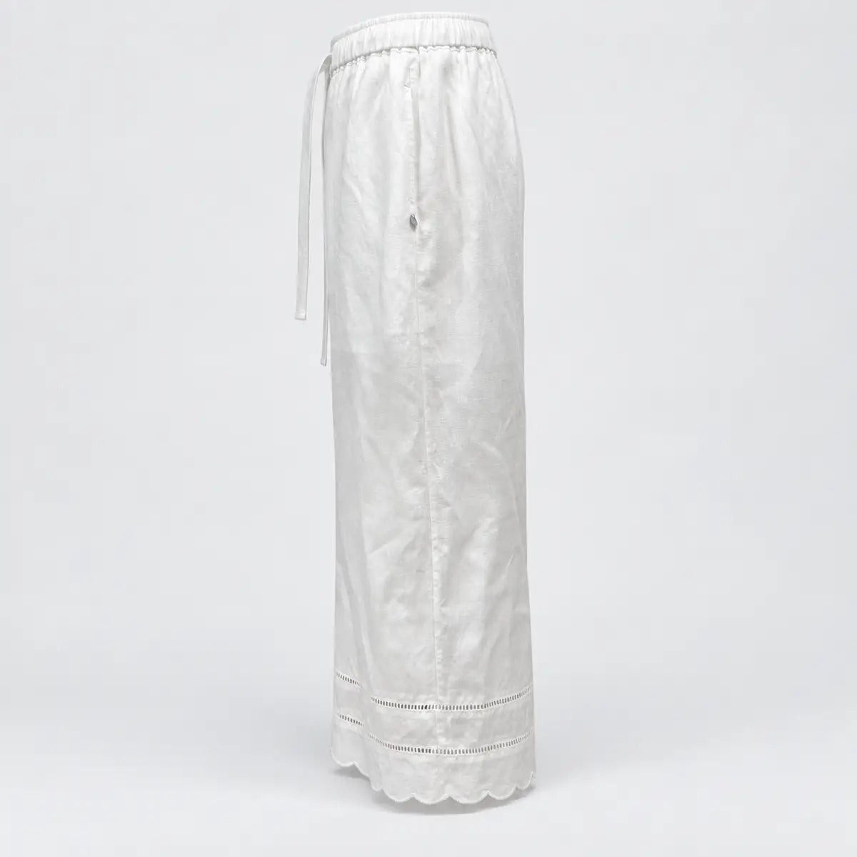 White Drawstring Wide-Leg Pants with Scalloped Hems — 2