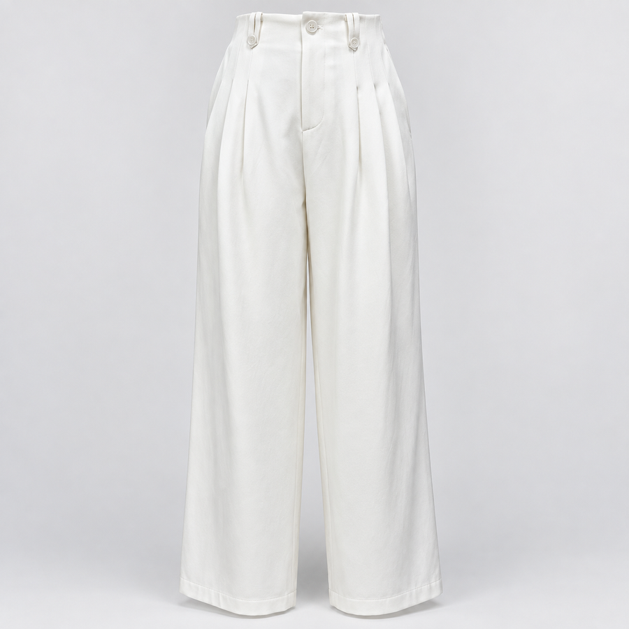 White Button-Tab Pleated Wide-Leg Trousers