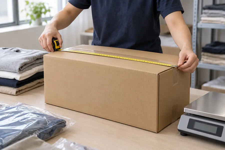 AI-generated illustration of a sealed clothing carton being measured beside an inactive shipping scale.