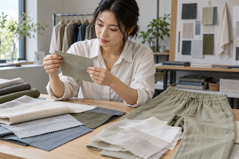 AI-generated illustration of an apparel developer comparing fabric swatches beside summer pants and lining samples.