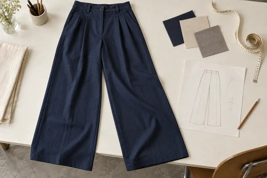 AI-generated illustration of a pants reference sample with fabric swatches, a tape measure and a reference sketch on a development table.