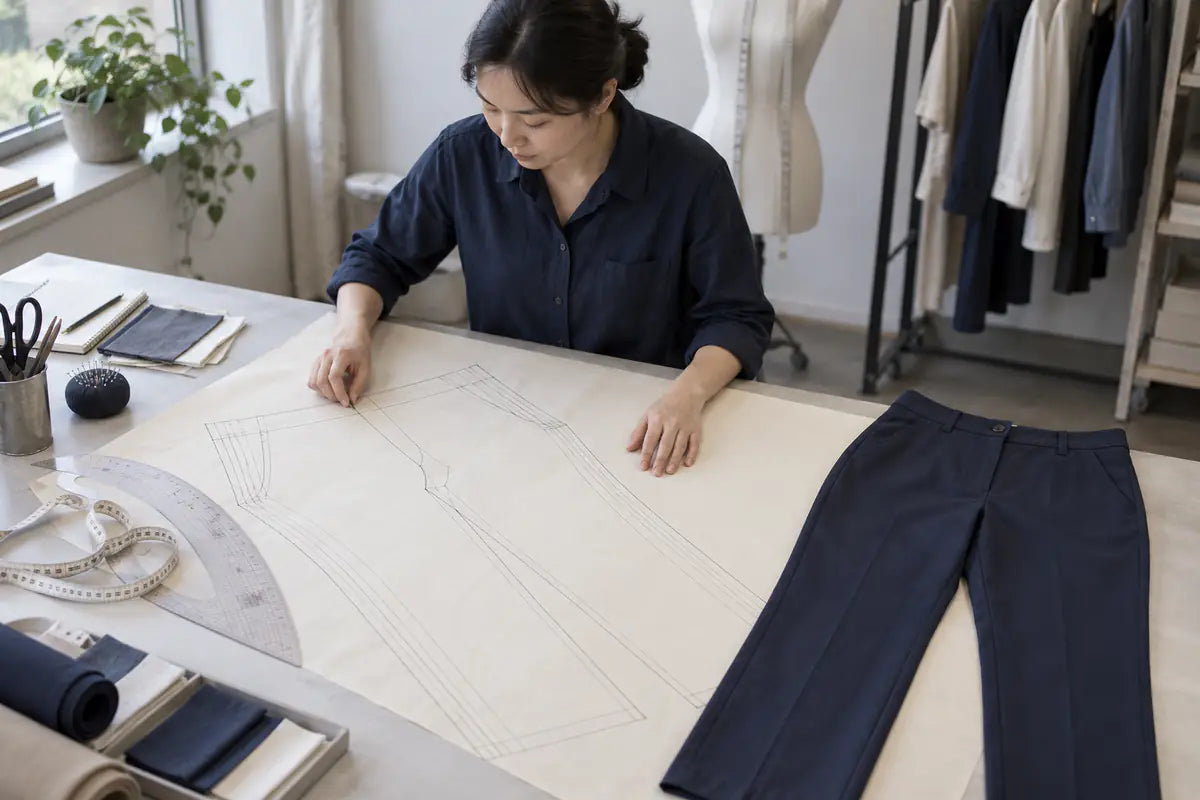 AI-generated illustration of a pattern technician reviewing conceptual nested pants patterns beside a garment sample and measuring tools.