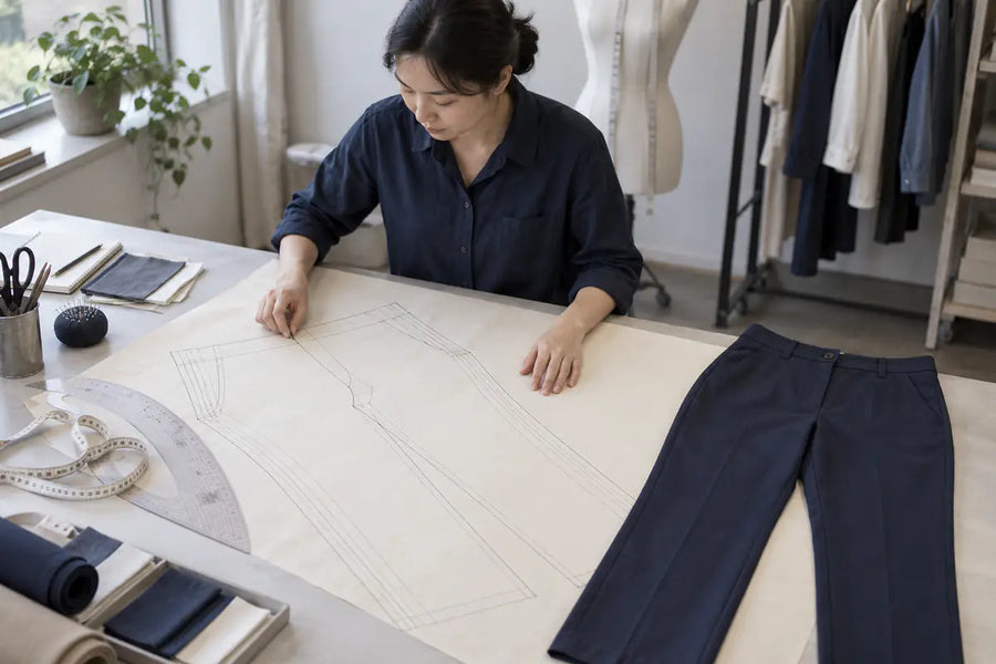 AI-generated illustration of a pattern technician reviewing conceptual nested pants patterns beside a garment sample and measuring tools.