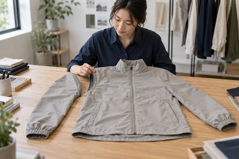 AI-generated illustration of an apparel developer examining a jacket sample beside a detached sleeve at a worktable.