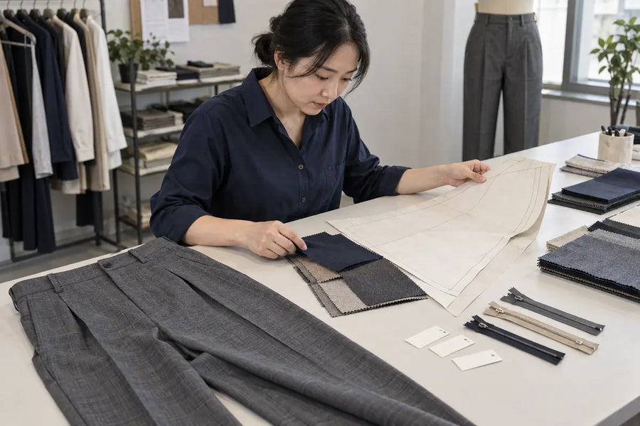 AI-generated illustration of an apparel professional reviewing a trouser pattern, fabric swatches and trims beside a finished trouser sample.