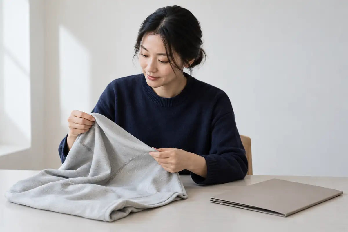 AI-generated illustration of an apparel developer reviewing a plain grey garment sample beside a closed project folder.