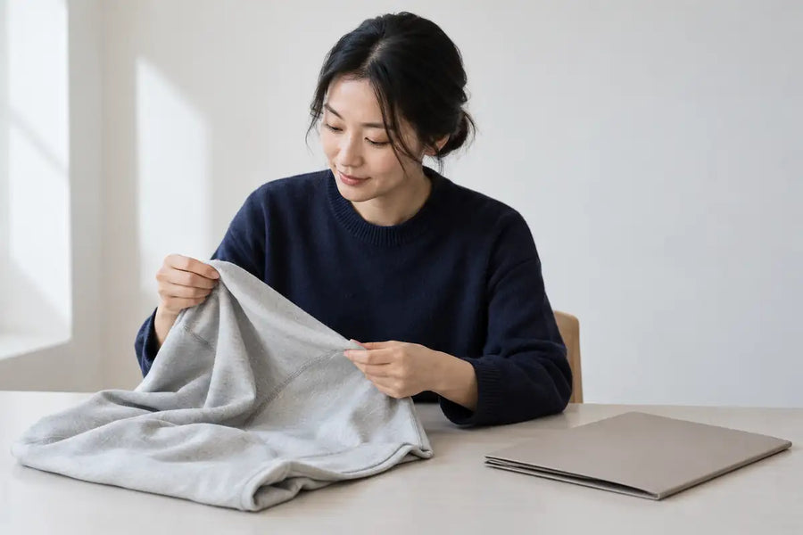 AI-generated illustration of an apparel developer reviewing a plain grey garment sample beside a closed project folder.