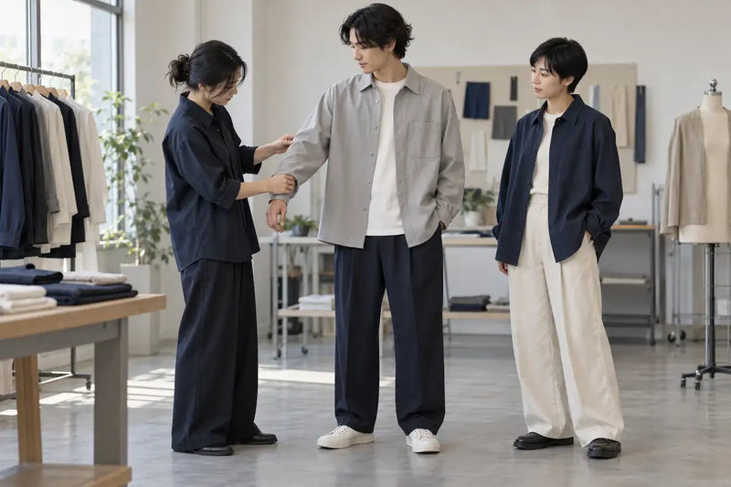AI-generated illustration of an apparel developer reviewing a relaxed-fit shirt with two adult fit models of different heights.
