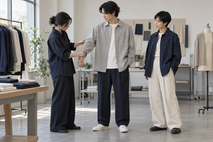 AI-generated illustration of an apparel developer reviewing a relaxed-fit shirt with two adult fit models of different heights.