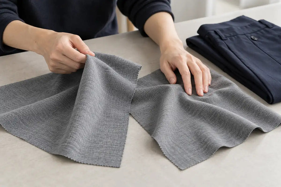 AI-generated illustration of hands comparing two gray fabric samples beside folded navy pants on a sample-review table.