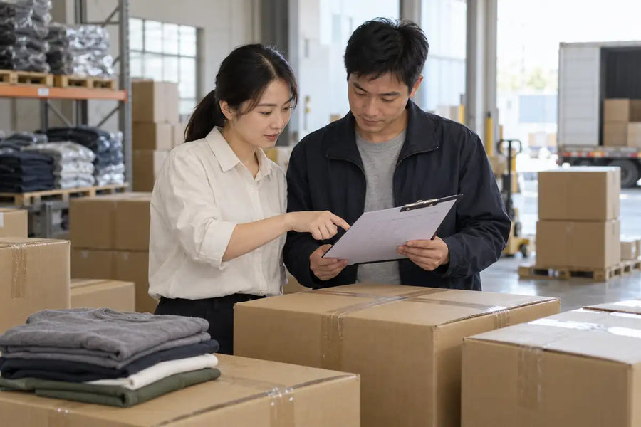 AI-generated illustration of two export coordinators reviewing a blank checklist beside sealed clothing cartons.
