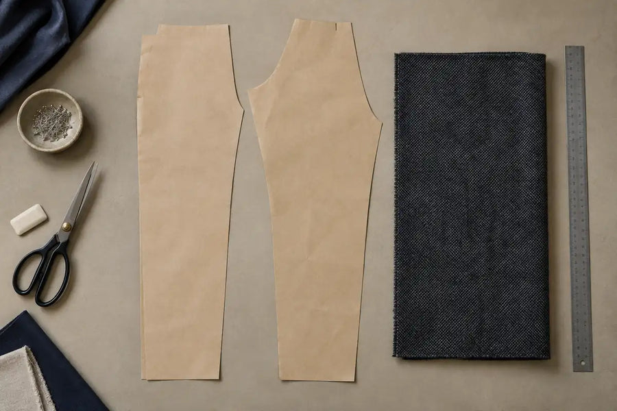 AI-generated illustration of paper trouser pattern shapes beside a textured fabric swatch and ruler on a cutting table.