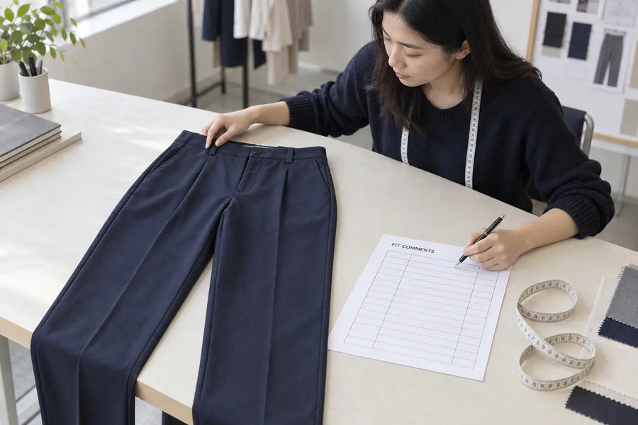 AI-generated illustration of a technical designer reviewing a pants sample beside a tape measure and a fit-comment sheet.
