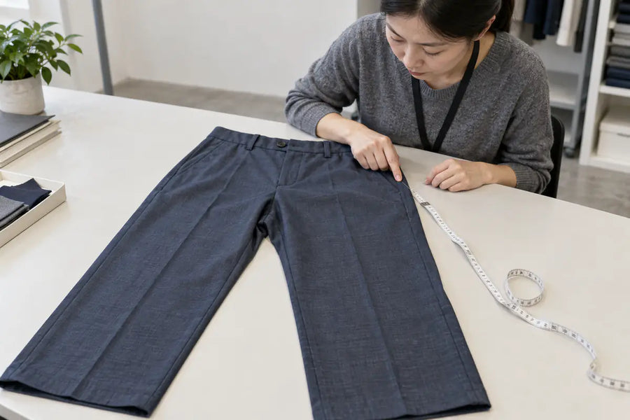 AI-generated illustration of a garment technician examining the side seam of pants laid flat on an inspection table.