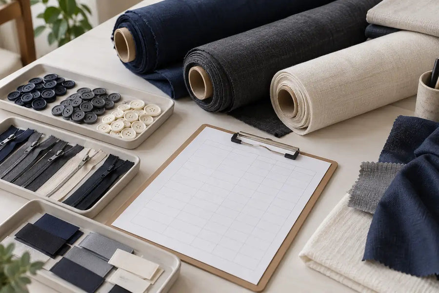 AI-generated illustration of fabric rolls and sorted garment trims beside a blank inventory sheet on a worktable.