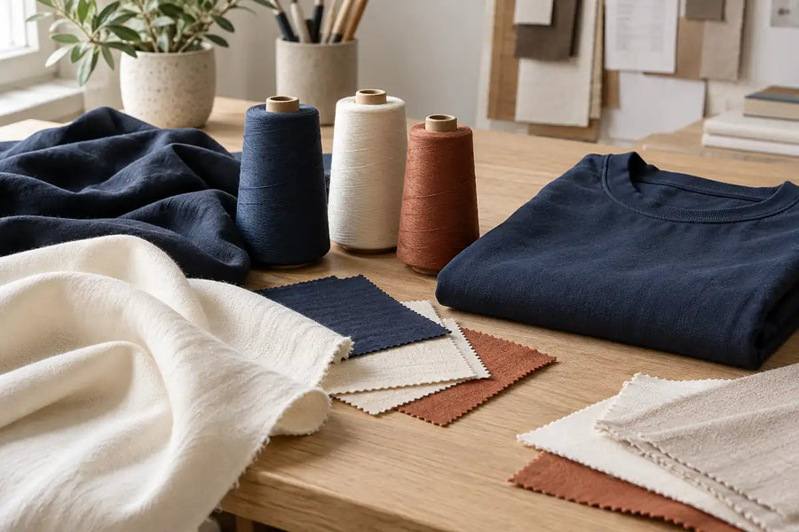 AI-generated illustration of fabric swatches, thread cones and a folded navy garment on a development worktable.