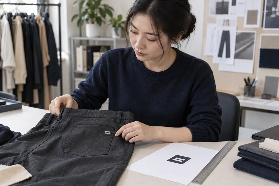 AI-generated illustration of an apparel developer reviewing a fictional logo placement on a pants sample beside an artwork proof and ruler.