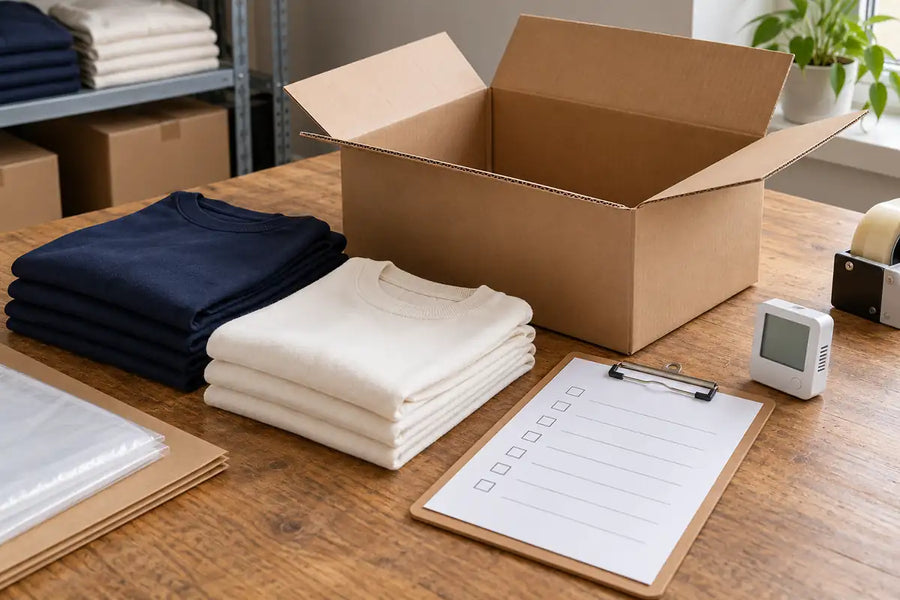 AI-generated illustration of folded clothing, an open carton, a blank packing checklist and a temperature and humidity logger with an inactive screen.