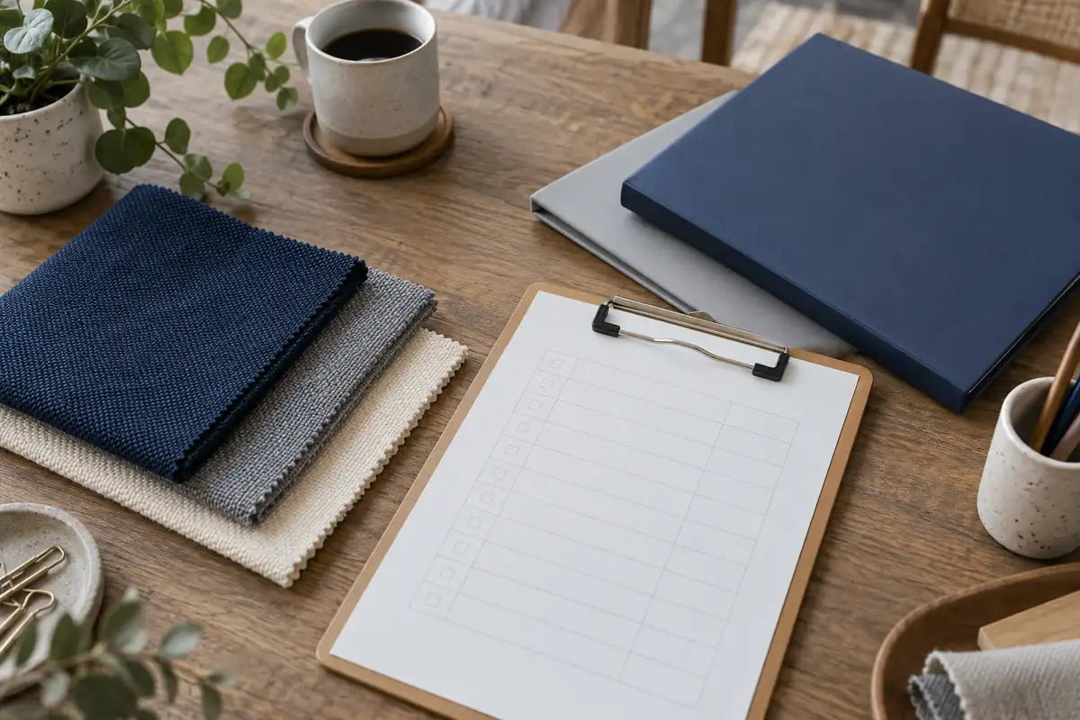 AI-generated illustration of fabric swatches beside two plain folders and a blank checklist on a sourcing desk.