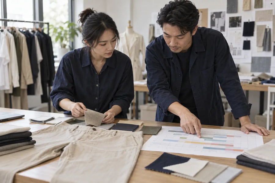 AI illustration of apparel developers reviewing a pants sample, fabric swatches and a production planning sheet