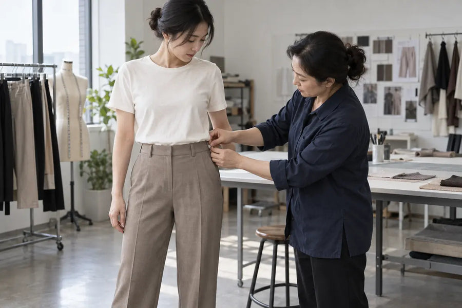 AI illustration of an apparel technician checking the waistband of a women's pants sample on a fit model