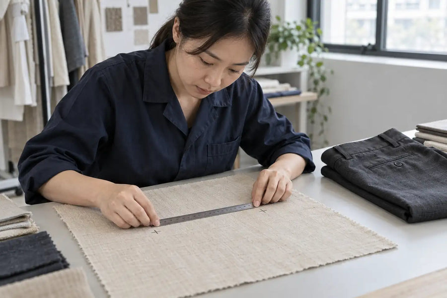 Textile technician measuring marked reference points on a fabric specimen beside a pants sample