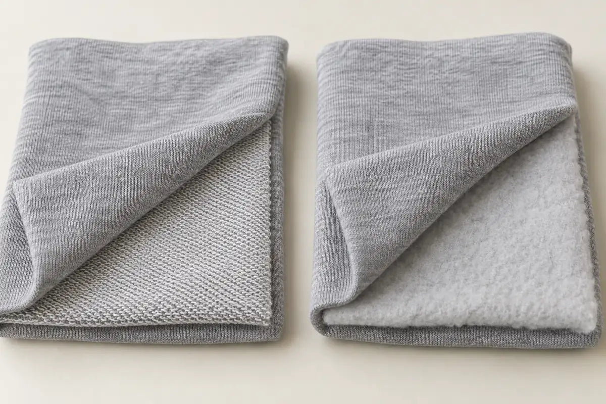 AI-generated illustration of two folded grey hoodie fabric swatches, suggesting a loopback interior on the left and a brushed interior on the right.