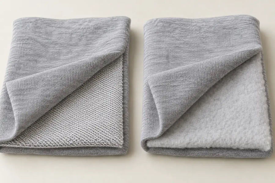 AI-generated illustration of two folded grey hoodie fabric swatches, suggesting a loopback interior on the left and a brushed interior on the right.
