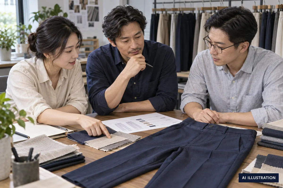 AI illustration of apparel professionals reviewing a pants sample, fabric swatches and a planning worksheet