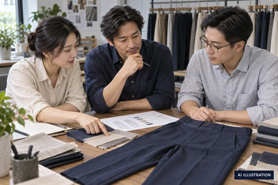 AI illustration of apparel professionals reviewing a pants sample, fabric swatches and a planning worksheet