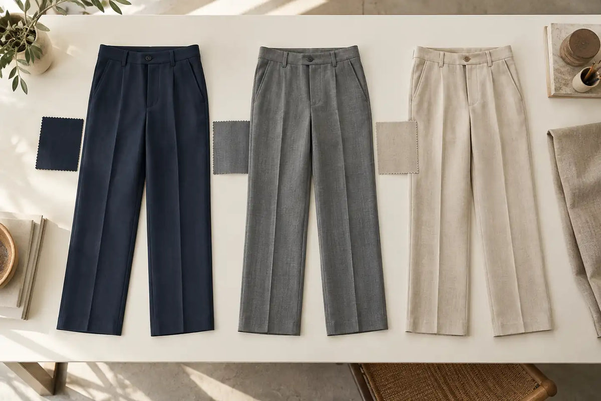 The same pants silhouette displayed with different fabric options and matching swatches
