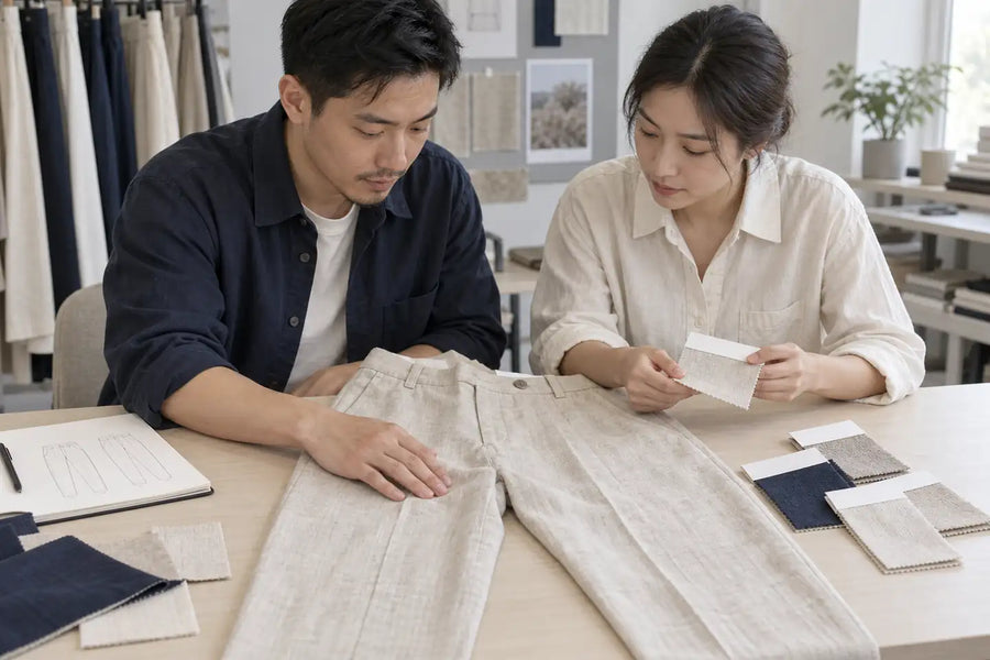 Apparel developers reviewing a trouser sample and fabric swatches before production