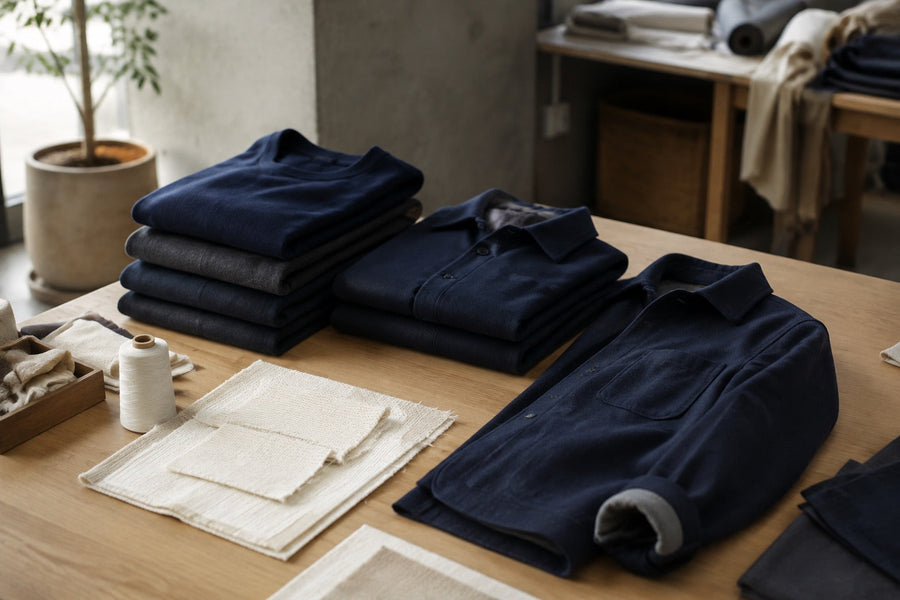 AI illustration of a small garment batch with fabric swatches and a sample
