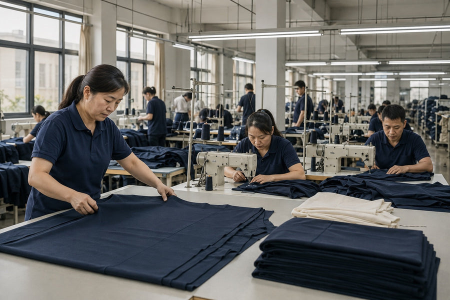 AI illustration of a garment production floor showing fabric handling and sewing