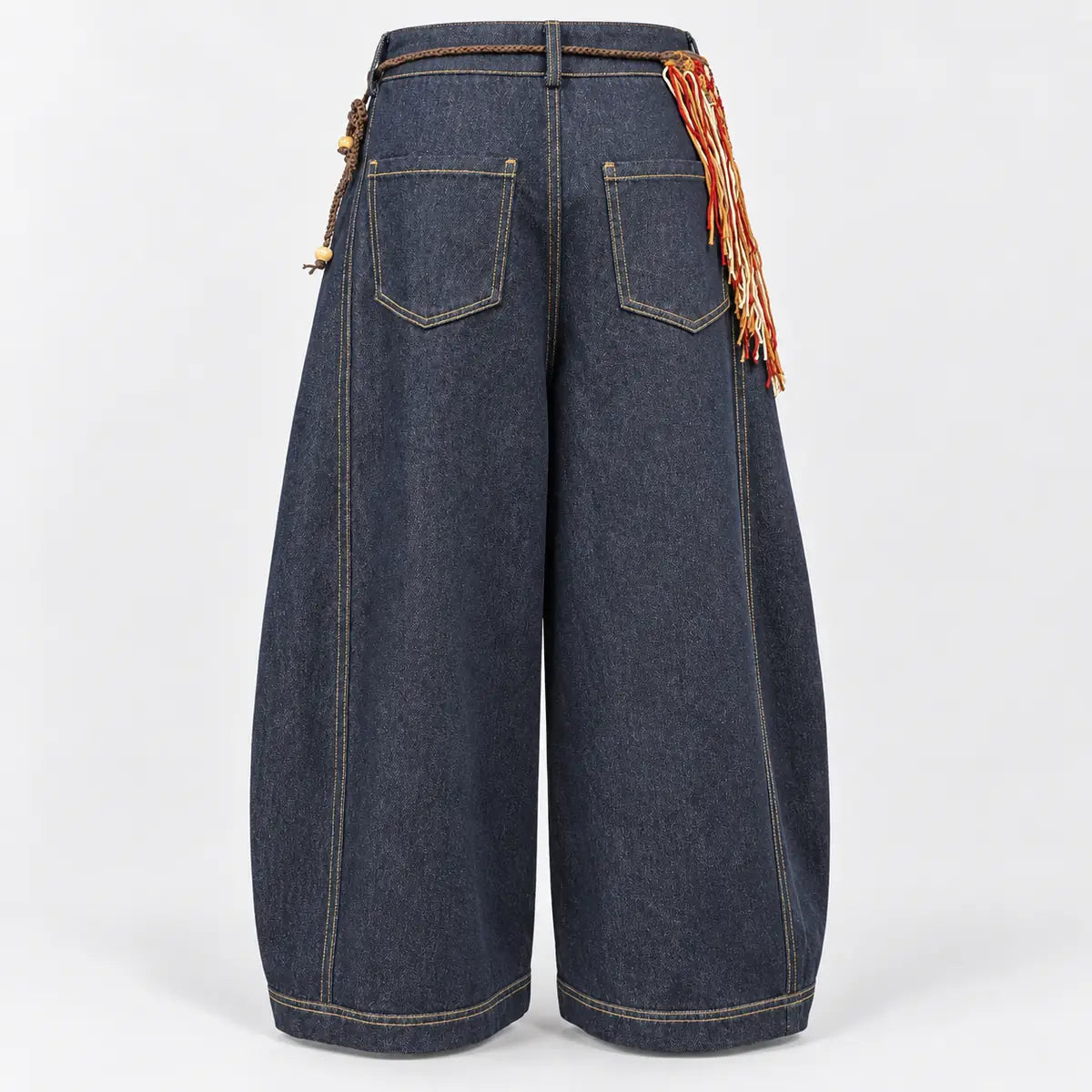Indigo Denim Pants with Crochet Fringe Waist Detail — 1