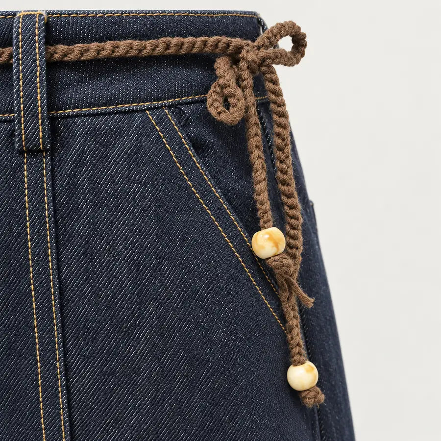 Indigo Denim Pants with Crochet Fringe Waist Detail — 3