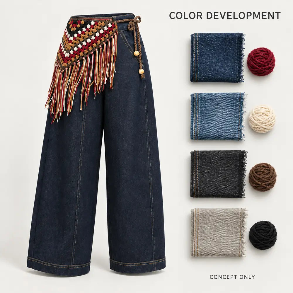 Indigo Denim Pants with Crochet Fringe Waist Detail — 5