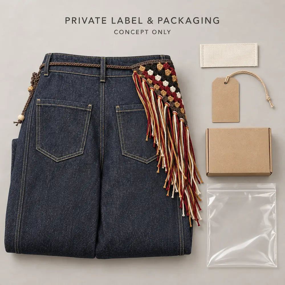 Indigo Denim Pants with Crochet Fringe Waist Detail — 7