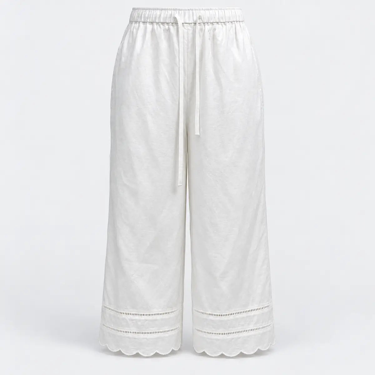 White Drawstring Wide-Leg Pants with Scalloped Hems